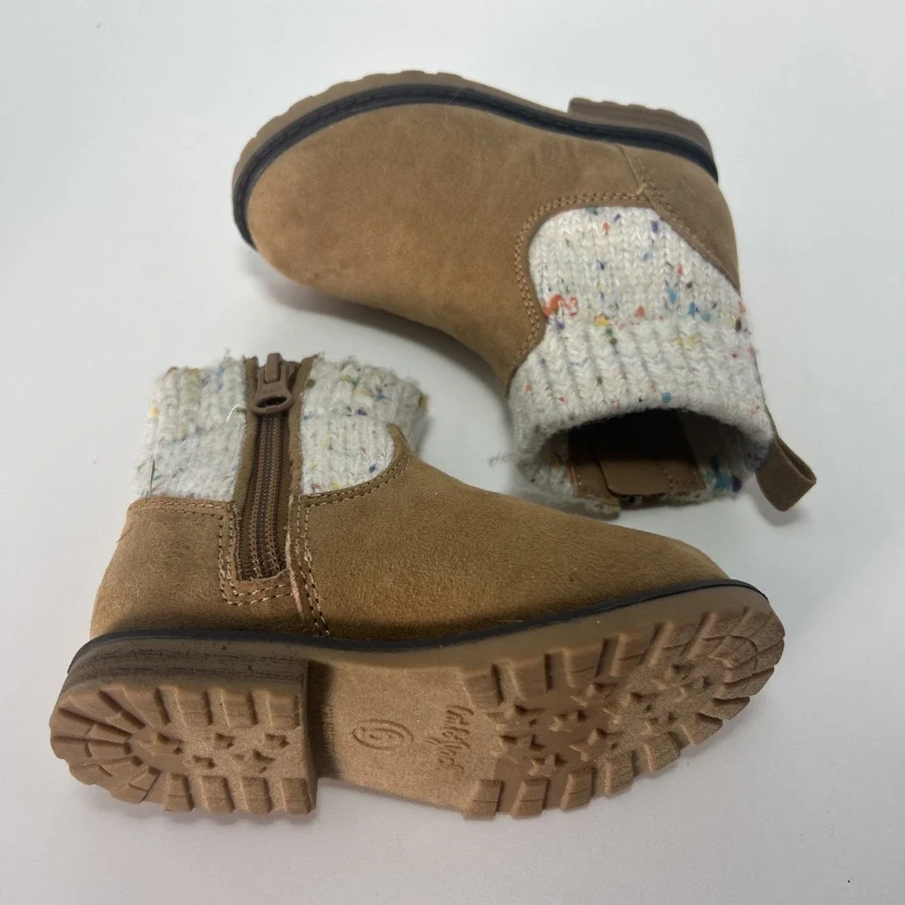 Cat and Jack Toddler Girls'  Emmaline Zipper Booties Sz 6, Cognac Speckled Cuffs